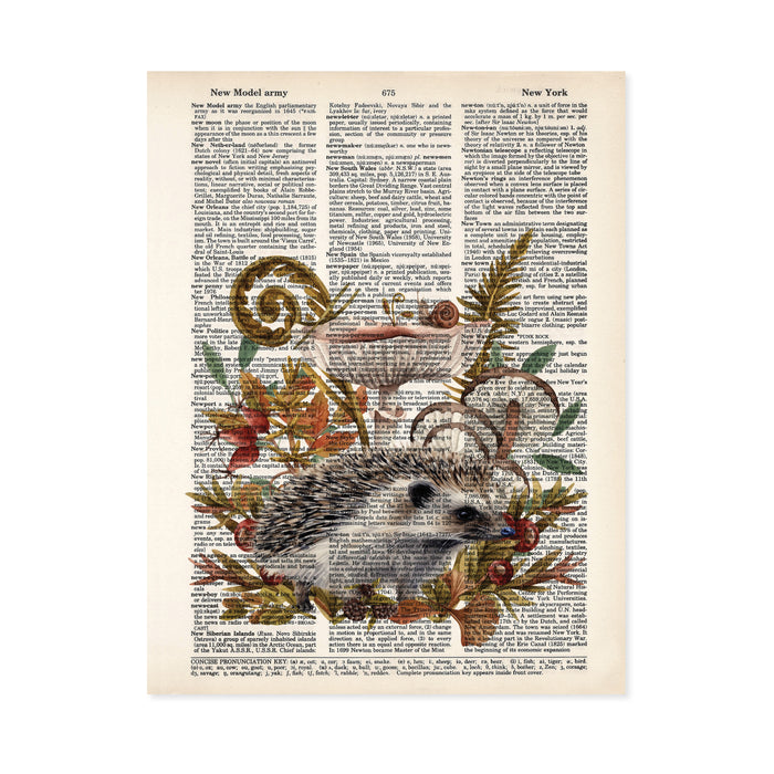 Hedgehog print with mushrooms and forest foliage on salvaged dictionary page