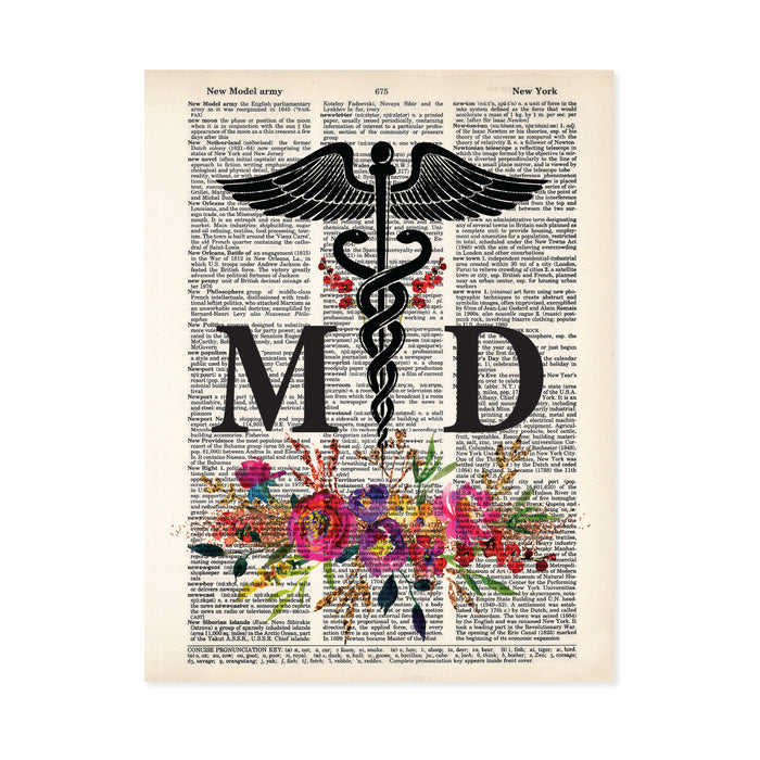 MD Doctor Gift Caduceus with Watercolor Flowers in Pinks, Purples, yellow, and golden tones