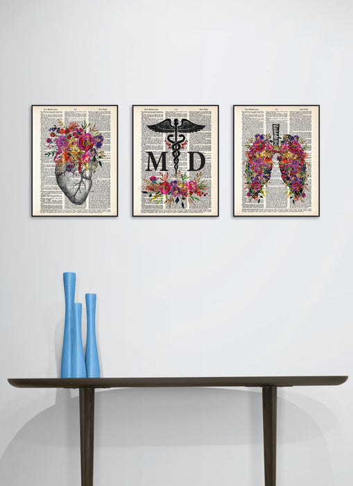MD Doctor Gift Caduceus with Watercolor Flowers in Pinks, Purples, yellow, and golden tones