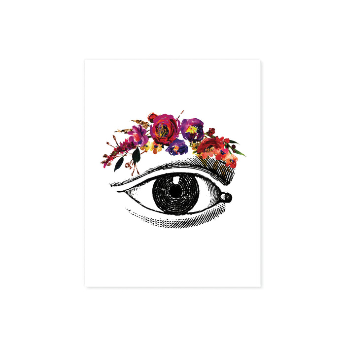 vintage eye etching with flowers for the eyebrow in pinks, purples, and red watercolors on matte white paper