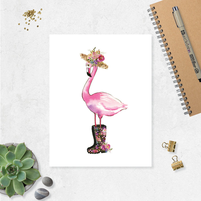watercolor pink flamingo wearing a straw hat with flowers and rain boots with flowers all in watercolor and shades of pinks, purples, blues with greenery on matte white paper