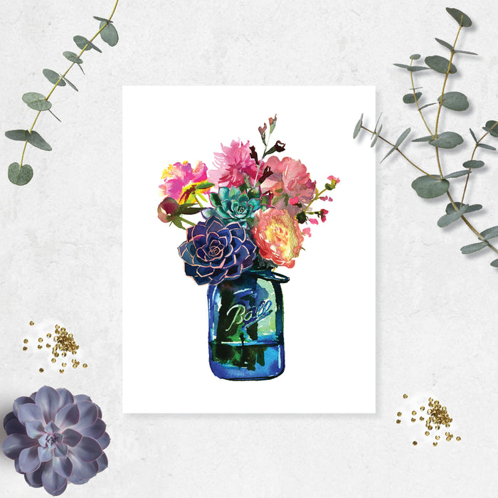 watercolor blue Ball jar with flowers and succulent bouquet, greens, pinks, purples, yellows, and greenery printed on matte white paper