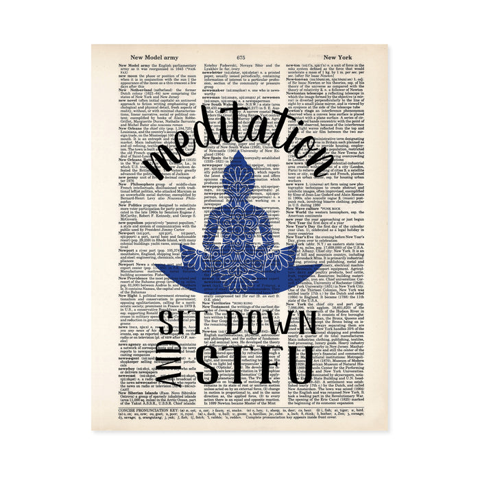 meditation text arced over a blue buddha figure with a mandala on it and the text sit down and STFU below printed on a dictionary page