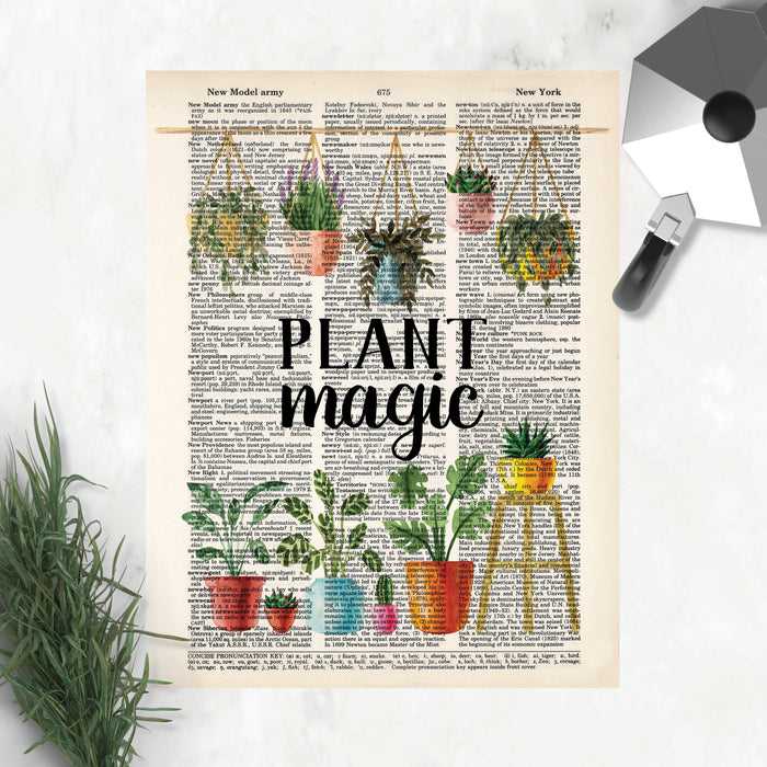 four dictionary prints in one pack include my happy place surrounded by plants, love grows here over a row of potted cactus, bloom where you're planted with cactus with a single flower in a light blue pot, plant magic with a row of hanging plants at the top and potted plants at the bottom, all watercolor and printed on four different dictionary pages