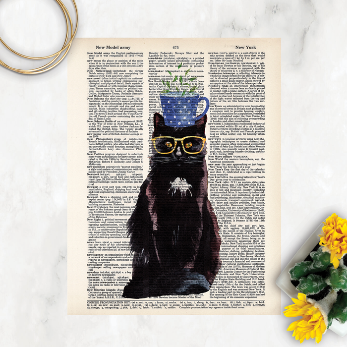 Cat with Teacup on Head  and Glasses - Cat Tea Party - Dictionary Print - Fun Wall Art