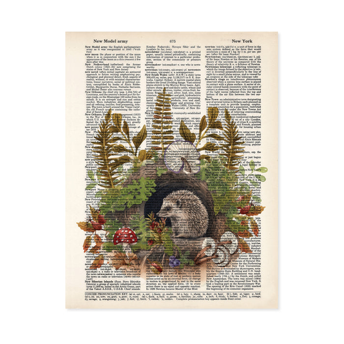 Hedgehog in tree stump watercolor print with mushrooms and forest foliage on salvaged dictionary page