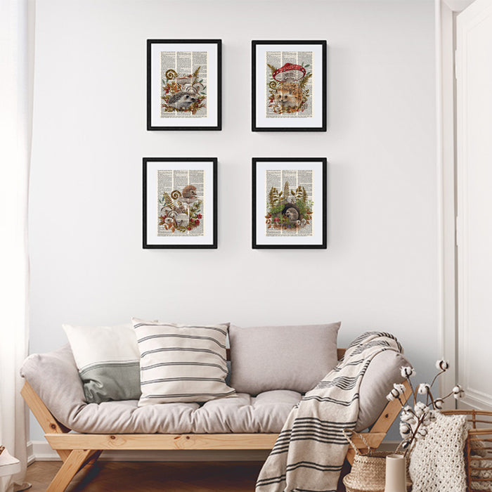 Hedgehog in tree stump watercolor print with mushrooms and forest foliage on salvaged dictionary page