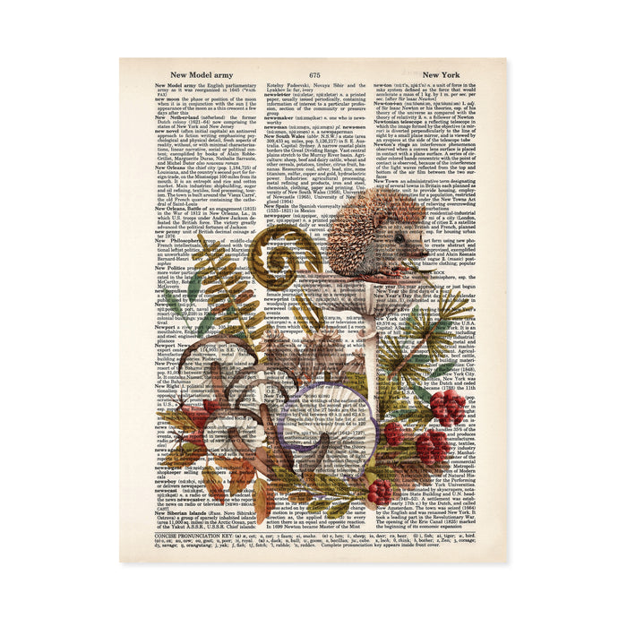 Baby Hedgehog sitting on mushroom and forest foliage on salvaged dictionary page