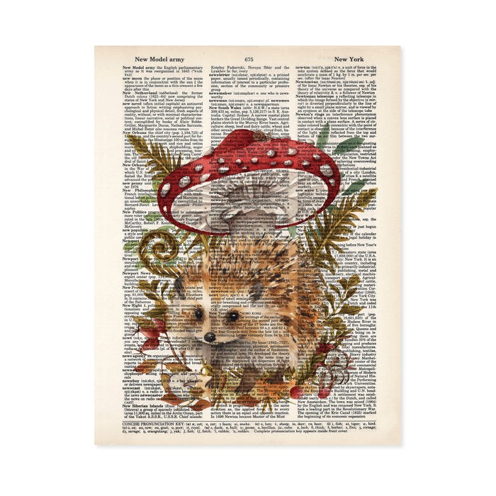 Hedgehog print with large red mushrooms and forest foliage on salvaged dictionary page