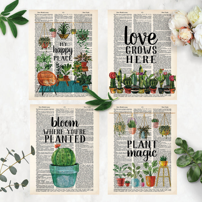 four dictionary prints in one pack include my happy place surrounded by plants, love grows here over a row of potted cactus, bloom where you're planted with cactus with a single flower in a light blue pot, plant magic with a row of hanging plants at the top and potted plants at the bottom, all watercolor and printed on four different dictionary pages