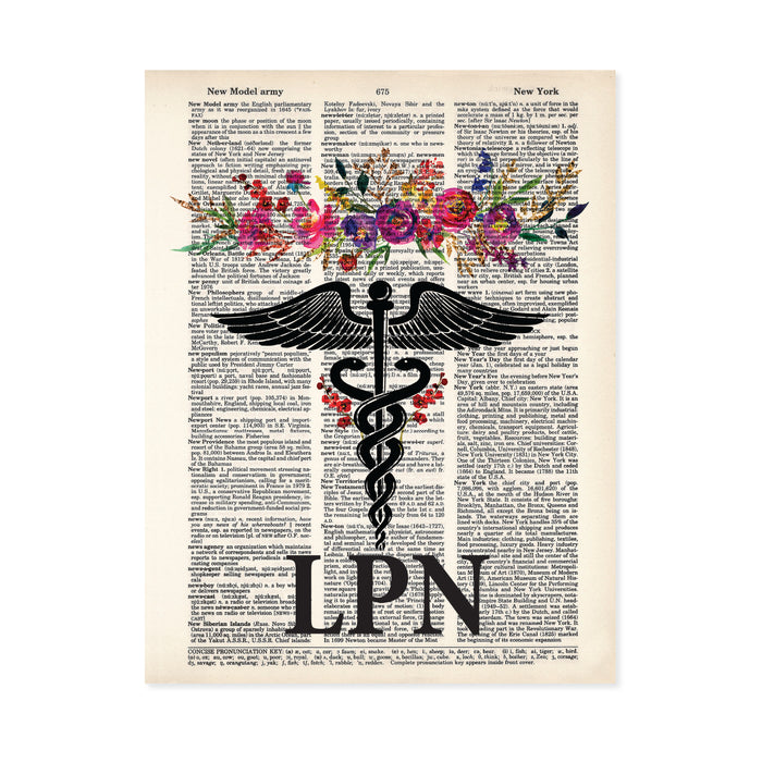 LPN Gift Caduceus with Watercolor Flowers in Pinks, Purples, yellow, and golden tones