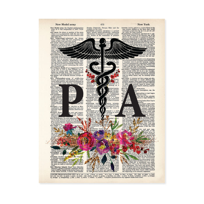 Physician Assistant Gift Caduceus with Watercolor Flowers in Pinks, Purples, yellow, and golden tones