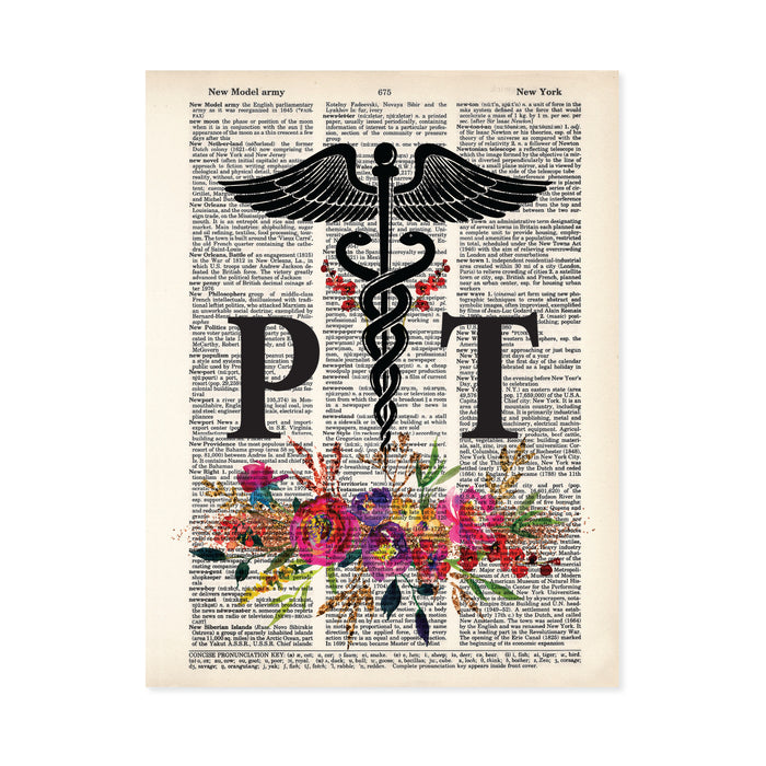 Physical Therapist Gift Caduceus with Watercolor Flowers in Pinks, Purples, yellow, and golden tones