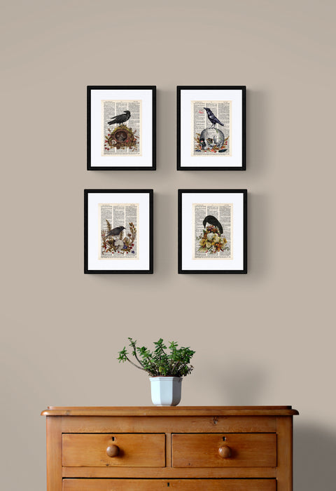 Blackbird sitting on Skull with Mushrooms Feathers Snail Berries and Leaves- Dictionary Page Art - PRINT ONLY - Raven Crow