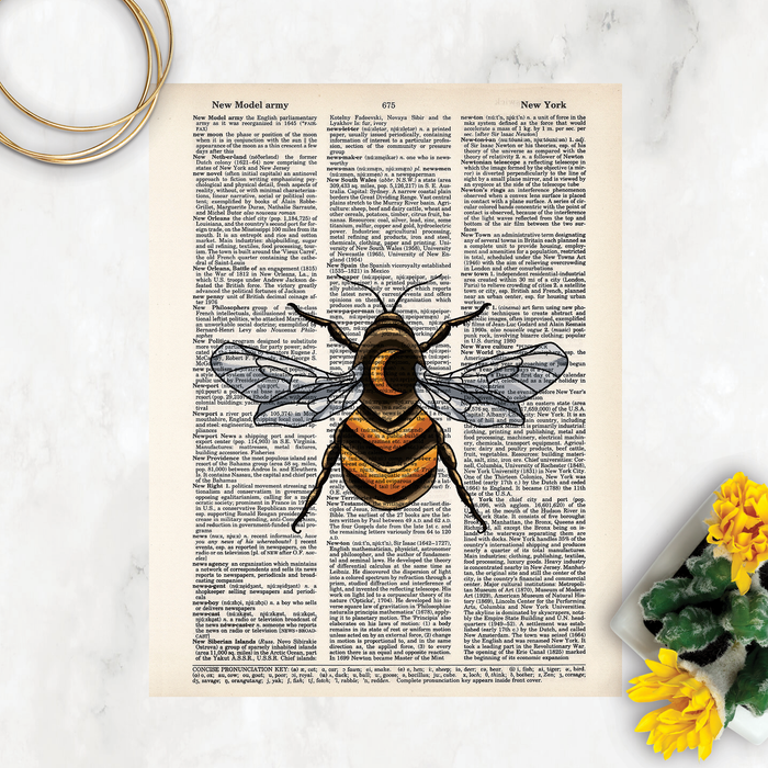 Bumble Bee with Crescent Moon Dictionary Page Art - Wall Art Home Decor