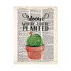 bloom where you're planted quote with a terracotta plant pot with a prickly cactus with a single flower blooming in peachy terracotta colors on dictionary paper