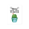 bloom where you're planted quote above a blue plant pot with a prickly cactus with a single peachy colored flower blooming on matte white paper fun art