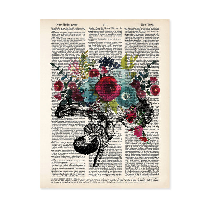 vintage etching of the cross section of an anatomical brain accented with watercolor tropical flowers in shades of blue and raspberry reds printed on a dictionary page