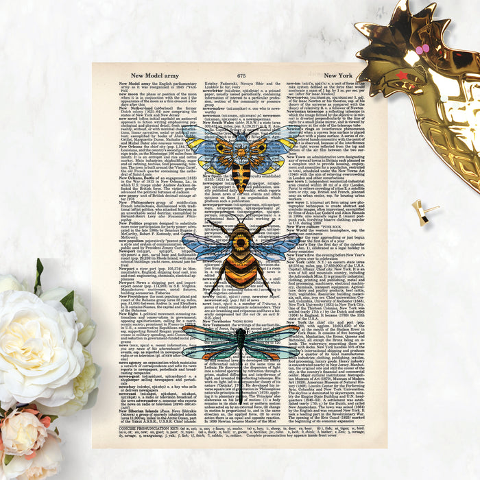 Bee with Sunflower, Dragonfly, & Moth Trio Dictionary Page Art Wall Art