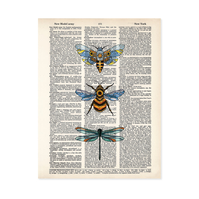 Bee with Sunflower, Dragonfly, & Moth Trio Dictionary Page Art Wall Art