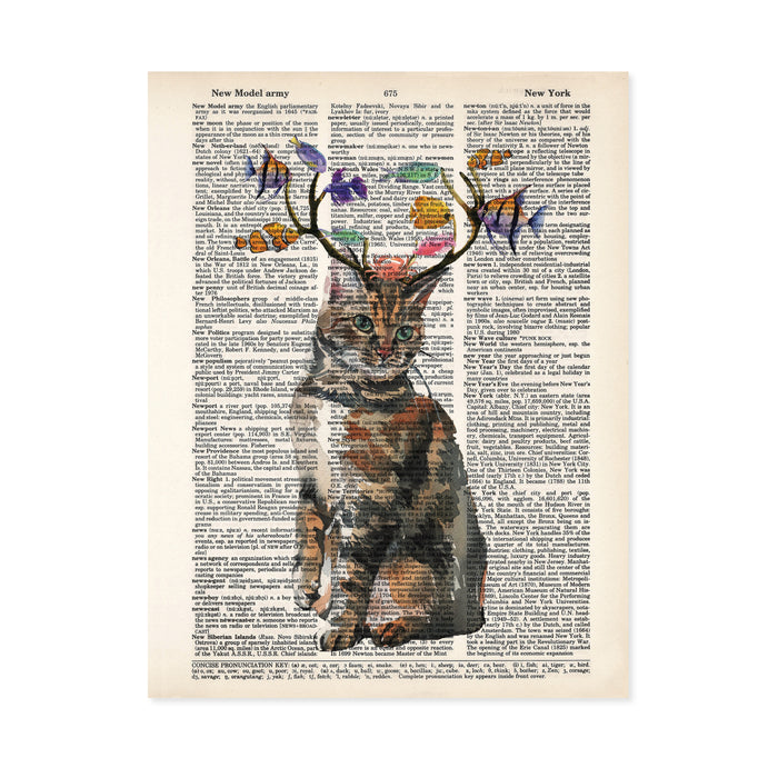 cat with antlers and fish nibbling on the antlers with a crab on the cats head, all in watercolor printed on dictionary page