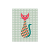 mid century modern cat styled with pink head, green tail and geometric shapes in the body, soft sage green background has shite fishes printed on matte paper