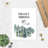 collect moments, muted watercolor grey and green mountains with pine trees, full moon and an eagle with the words collect moments on a matte white paper