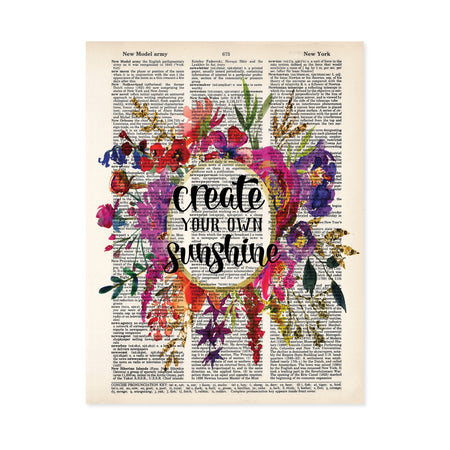 create your own sunshine in a watercolor floral wreath in pinks, purples, greens, and golden tones on salvaged dictionary page