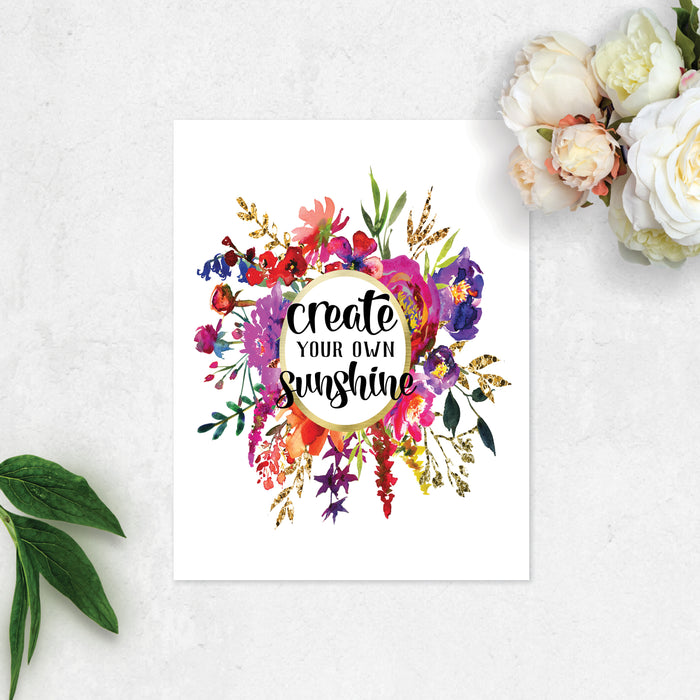 create your own sunshine in a watercolor floral wreath in pinks, purples, greens, and golden tones on matte white paper