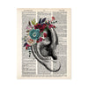 vintage ear etching with watercolor flowers in blues and reds on dictionary paper