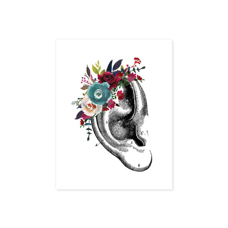 vintage ear etching with watercolor flowers in blues and reds on matte white paper