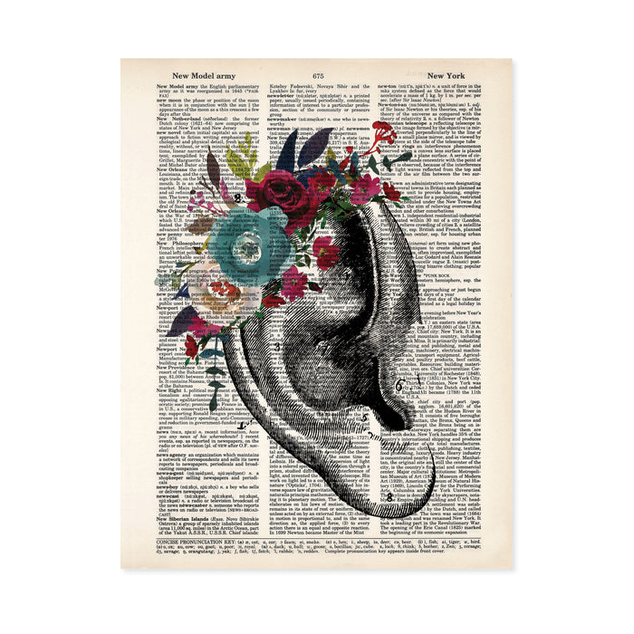 vintage ear etching with watercolor flowers in blues and reds on dictionary paper