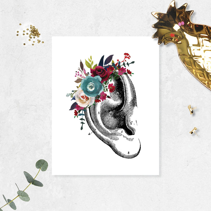 vintage ear etching with watercolor flowers in blues and reds on matte white paper