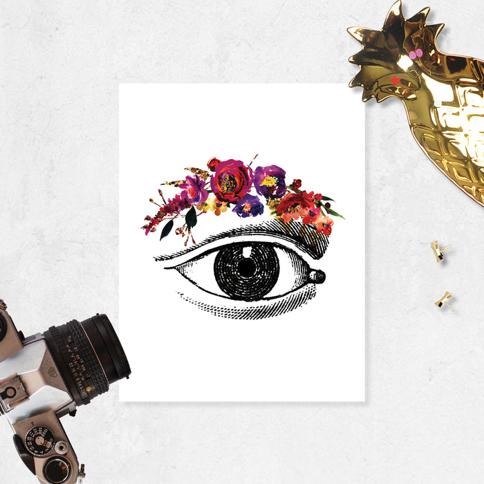 vintage eye etching with flowers for the eyebrow in pinks, purples, and red watercolors on matte white paper