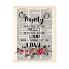 family a little bit of crazy a little bit of loud and a whole lot of love in black text with watercolor flowers in shades of pinks and peach at the bottom on a salvaged dictionary page