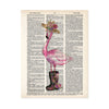 watercolor pink flamingo wearing a straw hat with flowers and rain boots with flowers all in watercolor and shades of pinks, purples, blues with greenery on a salvaged dictionary page