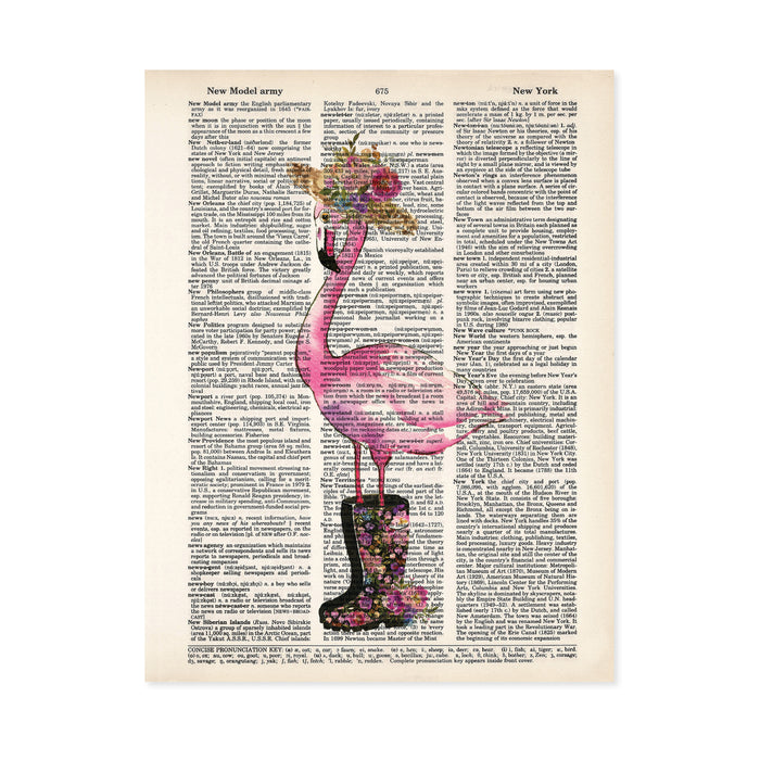 watercolor pink flamingo wearing a straw hat with flowers and rain boots with flowers all in watercolor and shades of pinks, purples, blues with greenery on a salvaged dictionary page