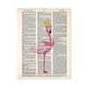 watercolor pink flamingo wearing a golden crown printed on salvaged dictionary paper