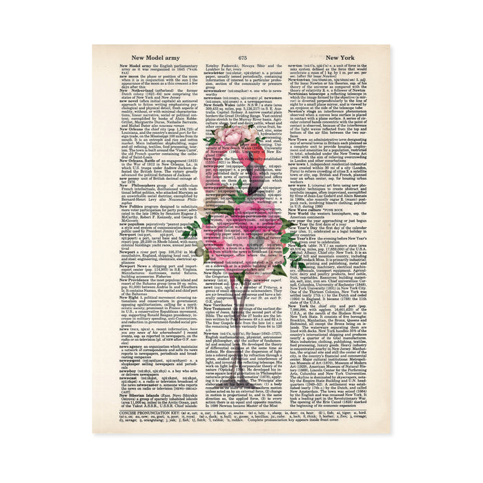 watercolor flamingo with flowers making up her body and a flowers in her head, all in pink tones with greenery printed on salvaged dictionary page