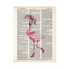watercolor flamingo wearing a watercolor flower crown in shades of pink, purples, and blues she has high heels on her feet and one leg is kicked back printed on salvaged dictionary paper