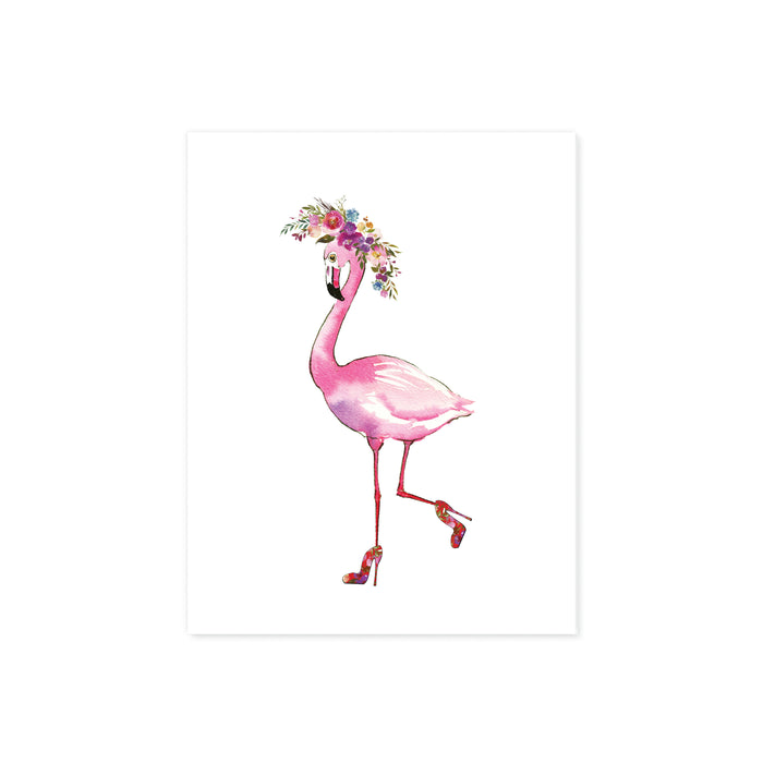 pink flamingo wearing high heels with one leg kicked back her shoes have a floral pattern and her head is adorned with a watercolor floral wreath in shades of pinks purples and blues with greenery on matte white paper