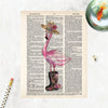 watercolor pink flamingo wearing a straw hat with flowers and rain boots with flowers all in watercolor and shades of pinks, purples, blues with greenery on a salvaged dictionary page