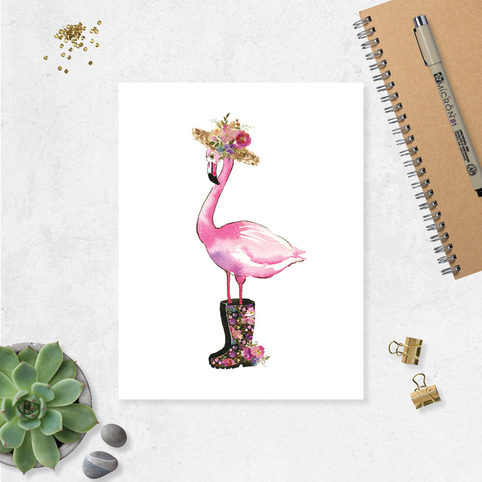 watercolor pink flamingo wearing a straw hat with flowers and rain boots with flowers all in watercolor and shades of pinks, purples, blues with greenery on matte white paper 