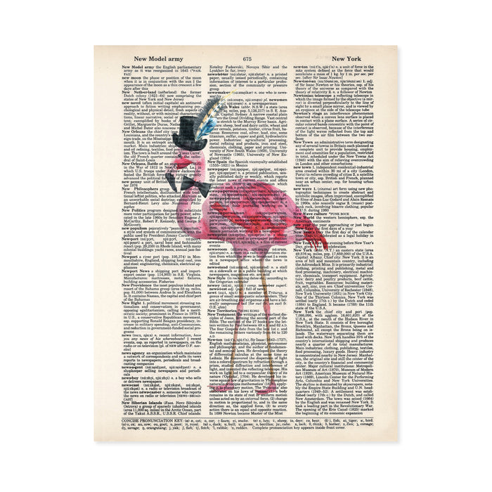 watercolor flamingo wearing a top hat with feathers and a bow tie printed on salvaged dictionary paper