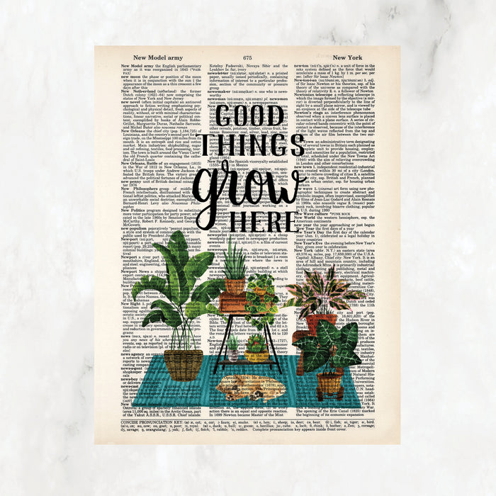 good things grown here in black text above a scene of plants on plant stands on a blue rug with a tan puppy sleeping on the rug printed on salvaged dictionary paper