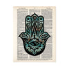 hamsa evil eye hand with blues and orange and black printed on a salvaged dictionary page