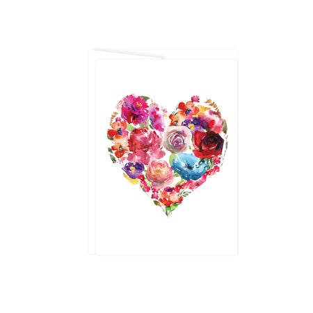 greeting card with a heart made of of watercolor flowers in shades of reds, pinks, purples, and blues card is blank insides
