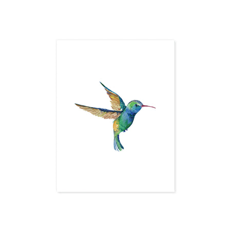 hummingbird in watercolor in shades of blues and greens on white matte paper
