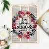 watercolor flowers wreath in pinks and deep reds surround the words I am with you always from the book of Matthew printed on salvaged dictionary paper