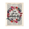 watercolor flowers wreath in pinks and deep reds surround the words I am with you always from the book of Matthew printed on salvaged dictionary paper